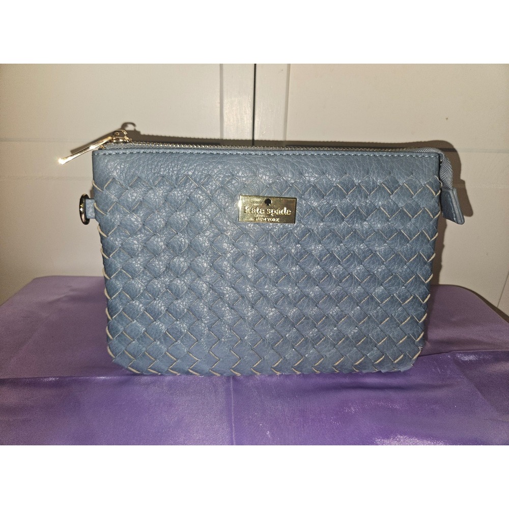 Kate Spade Dusty Blue Woven Leather Wristlet Crossbody with Geometric Strap